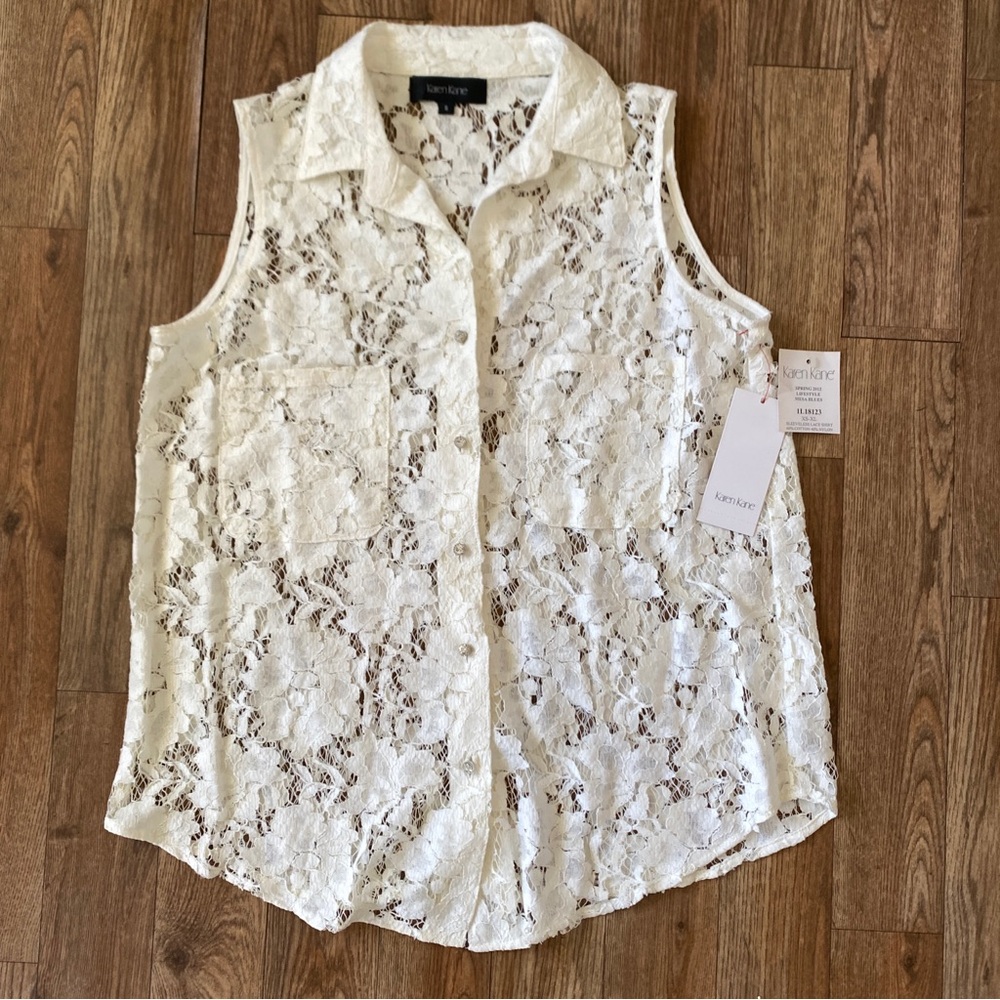 Karen Kane Lace Sleeveless Top Rhinestone Boho Chic White/Ivory Small Sample